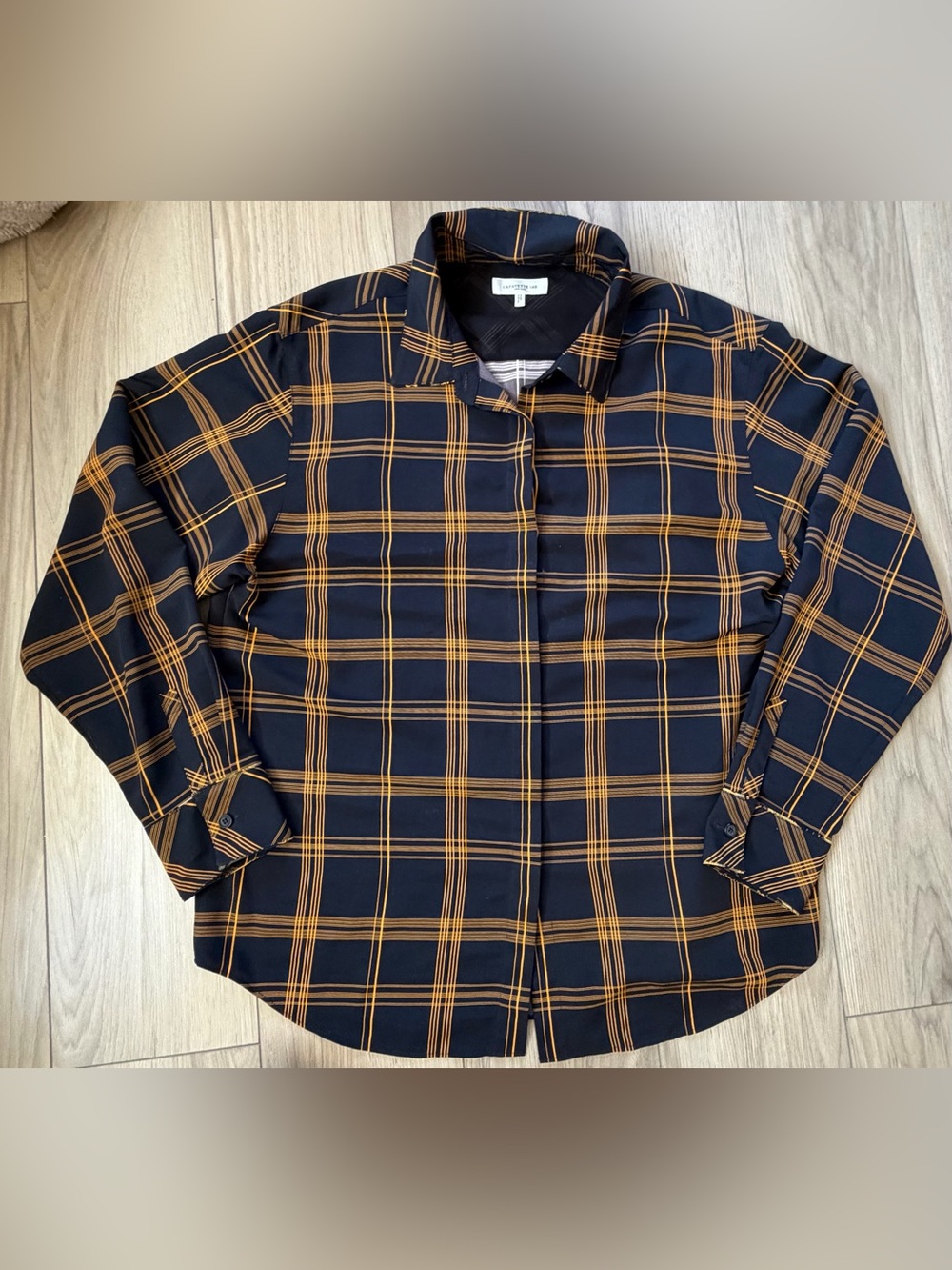 Lafayette 148 New York Rae Black Gold Plaid Top Blouse Sz M
